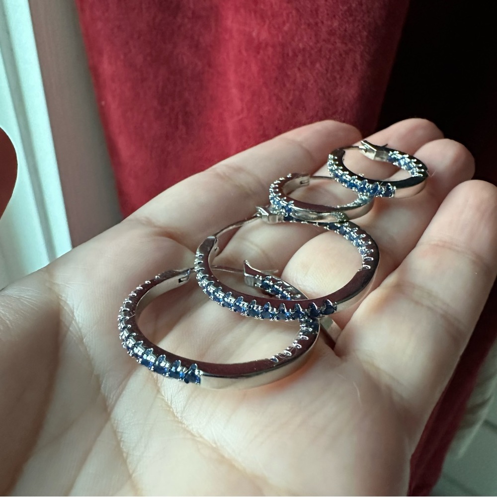 Silver-tone sapphire blue CZ hoop earrings with 925 sterling silver pins, 2 pair